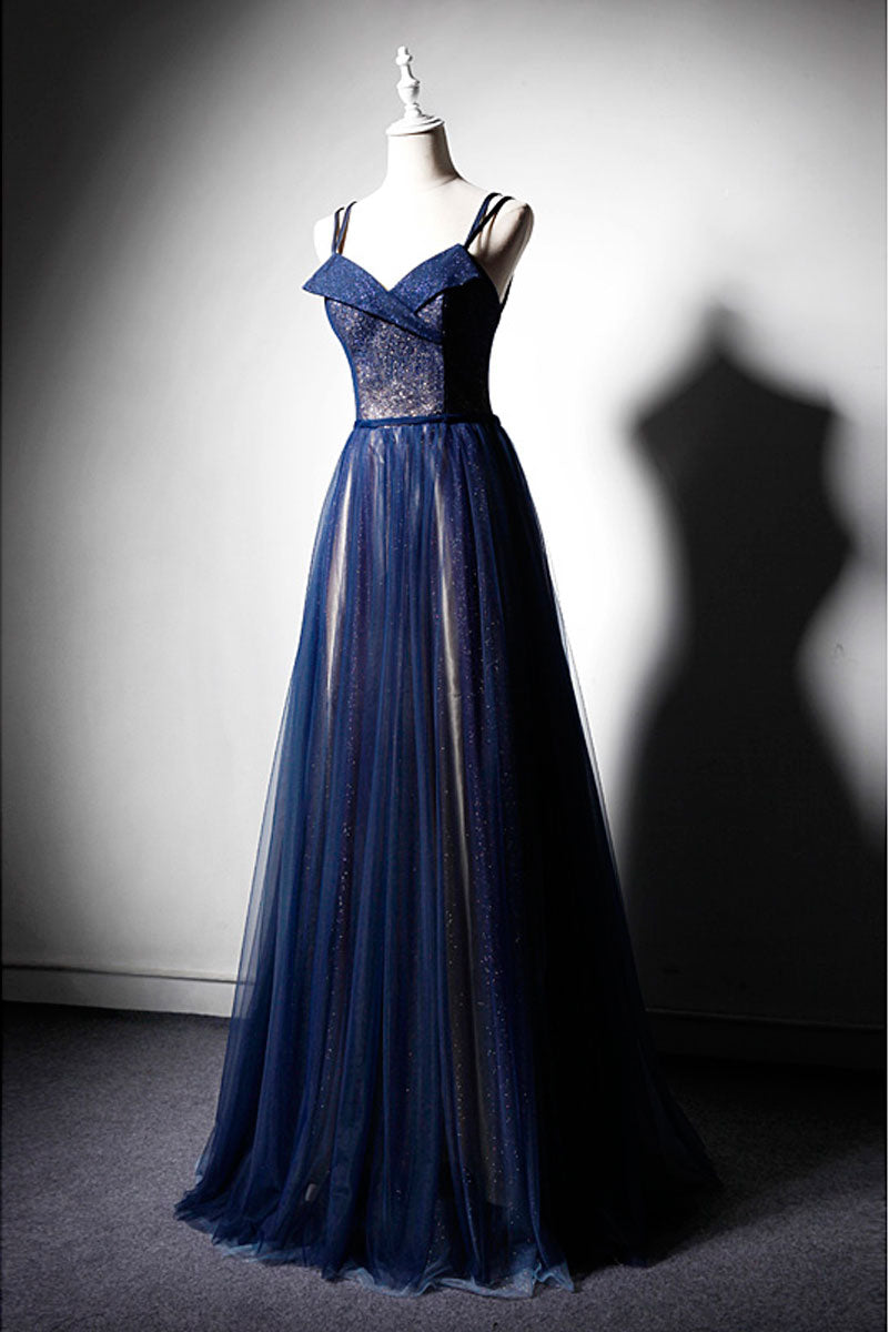 Dark blue tulle long prom dress, dark blue evening dress