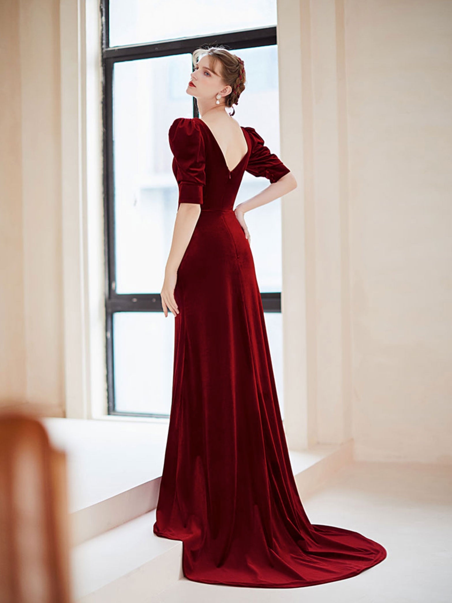 Elegant Magenta Velvet Long Sleeve Gown WJ026111