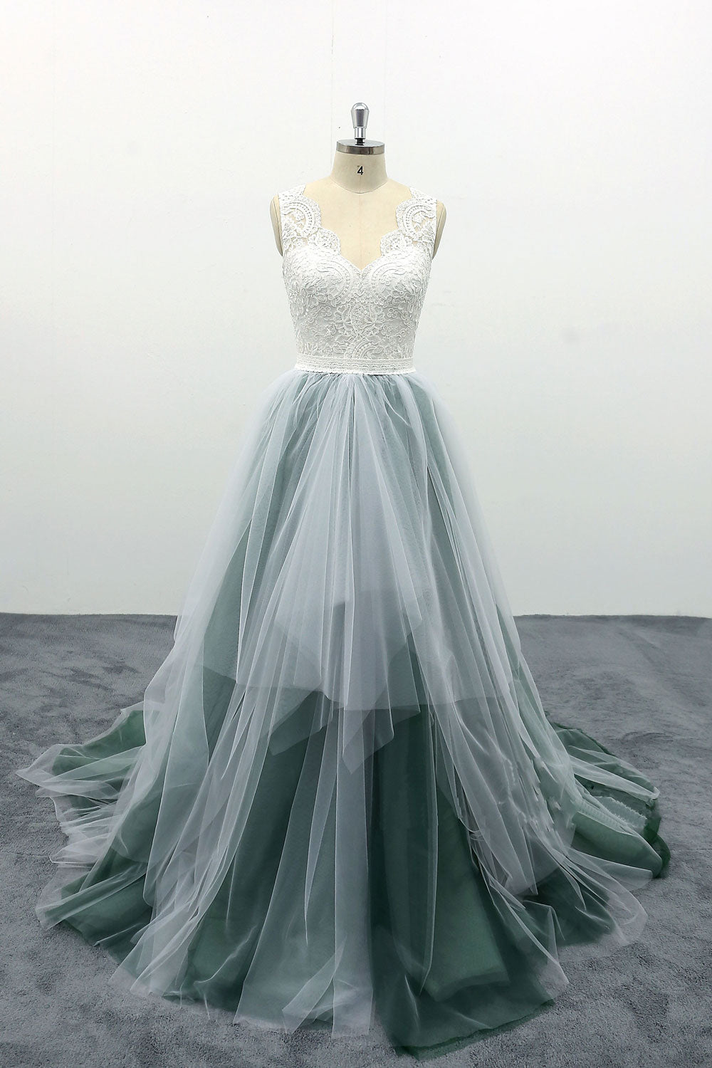 Green tulle lace long prom dress, tulle evening dress