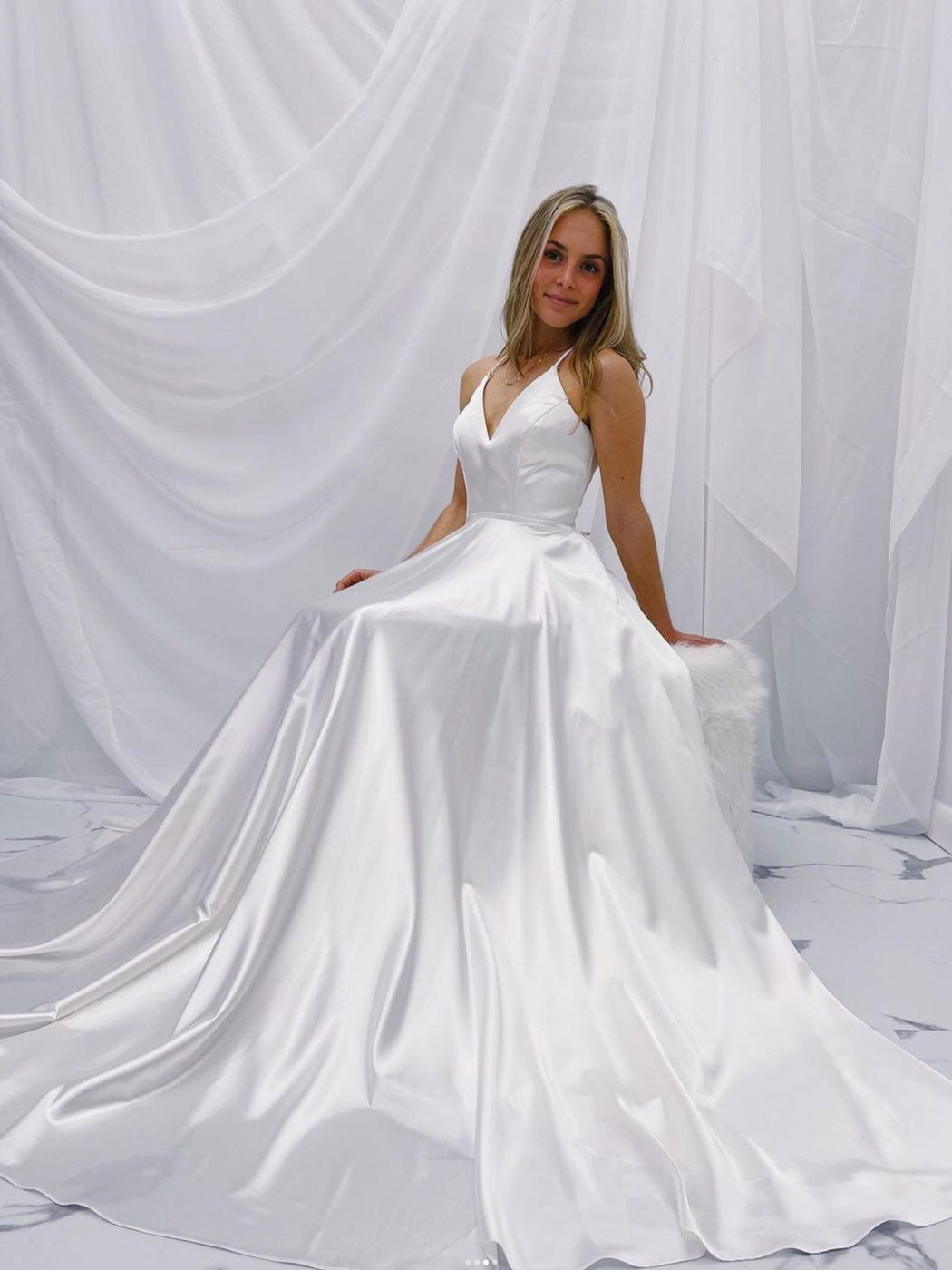Simple white v neck satin long prom dress, white A line evening dress