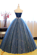 Blue sweetheart neck tulle long prom gown, blue sweet 16 dress