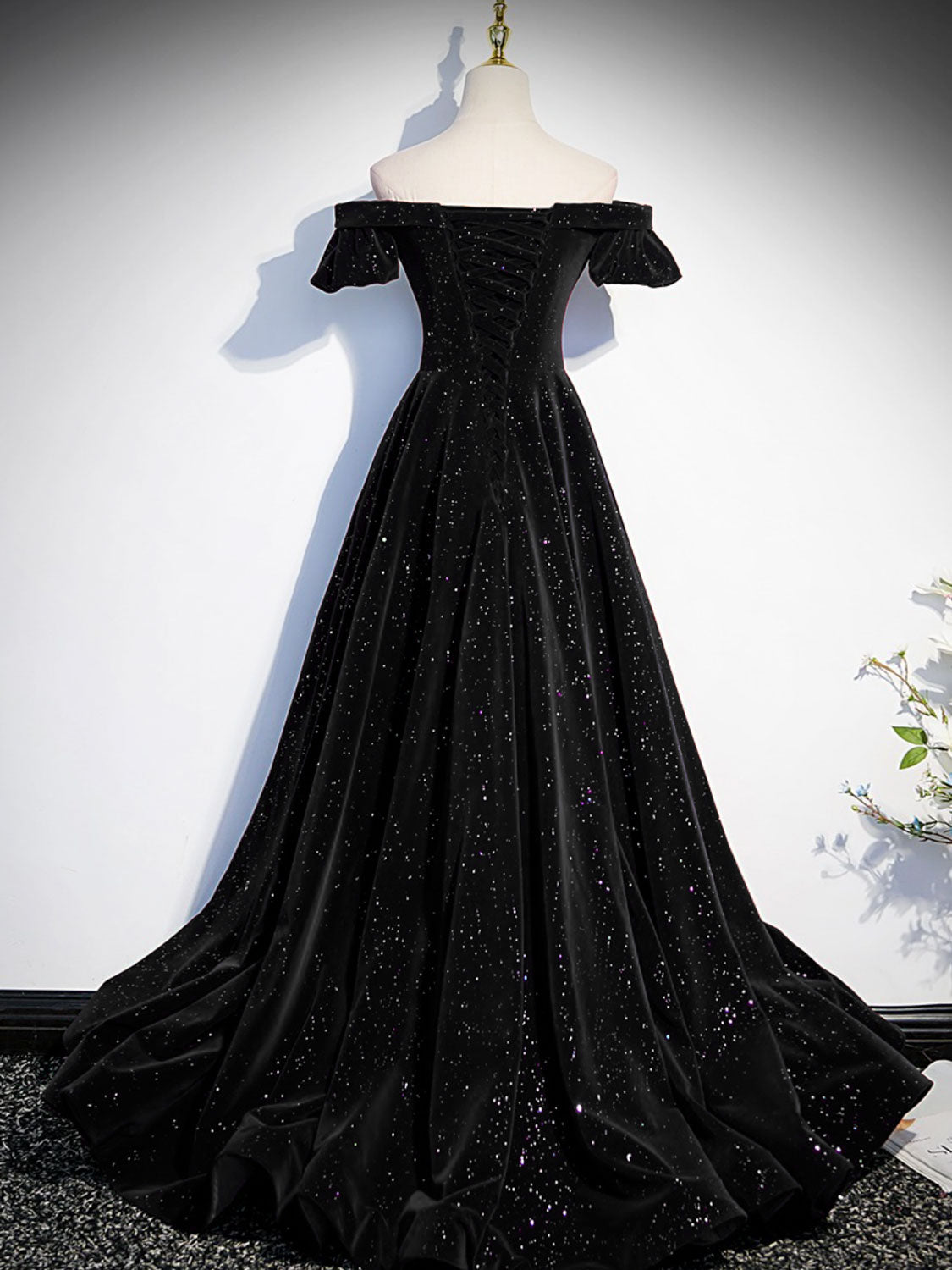 Black A-line Off Shoulder Velvet Long Prom Dress, Velvet Formal Evening Dress