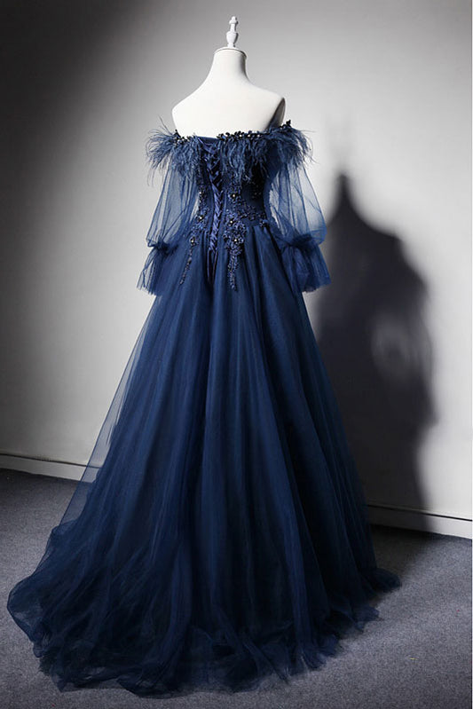 Dark blue off shoulder tulle long prom dress, blue evening dress