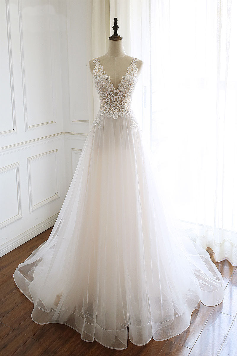 White v neck tulle lace long prom dress, white tulle evening dress