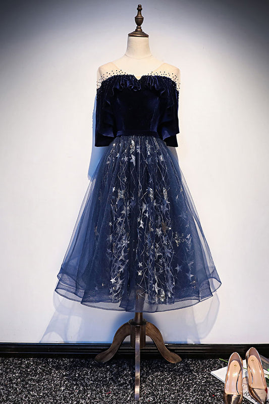Blue tulle lace short prom dress, blue evening dress