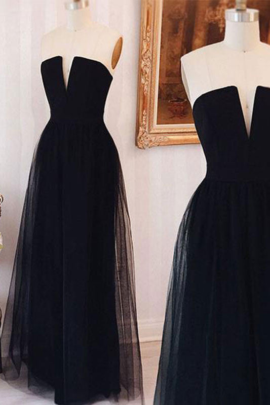 Simple tulle black long prom dress, black evening dress