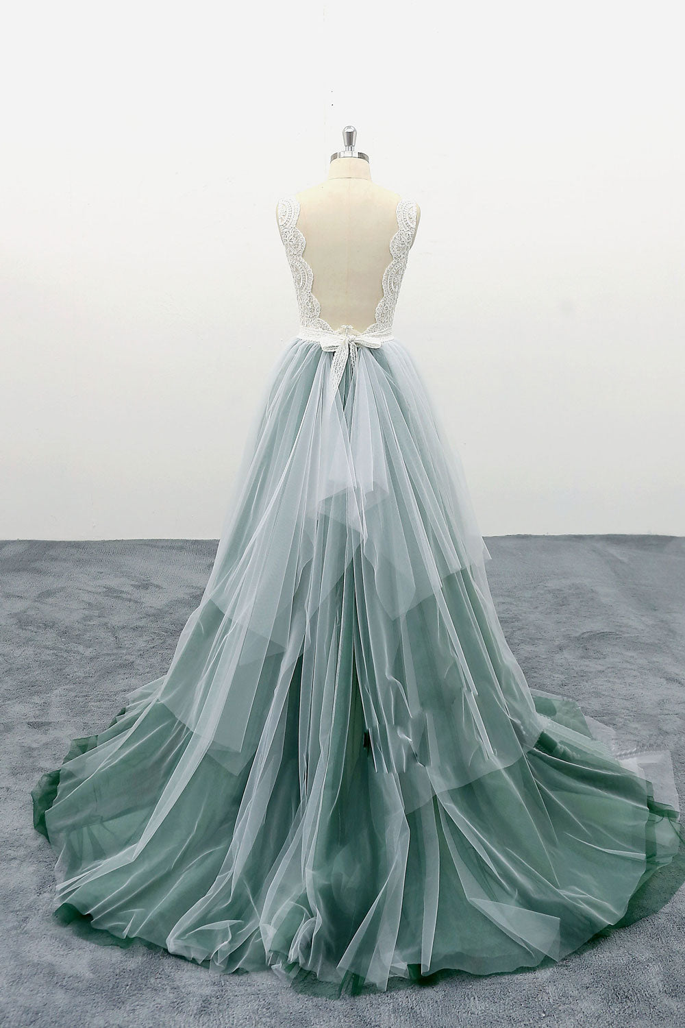 Green tulle lace long prom dress, tulle evening dress