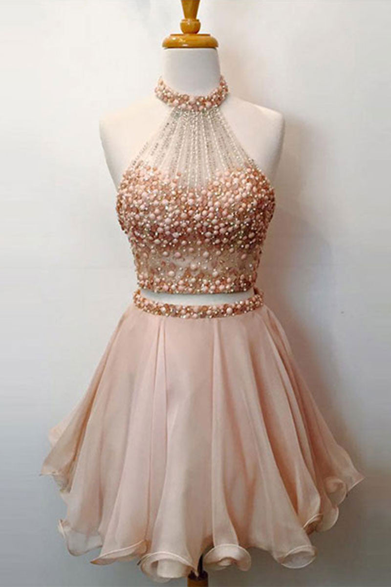Pink two pieces short prom dress, cute pink homecoming dress