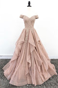 Elegant off shoulder lace long prom dress, lace evening dress