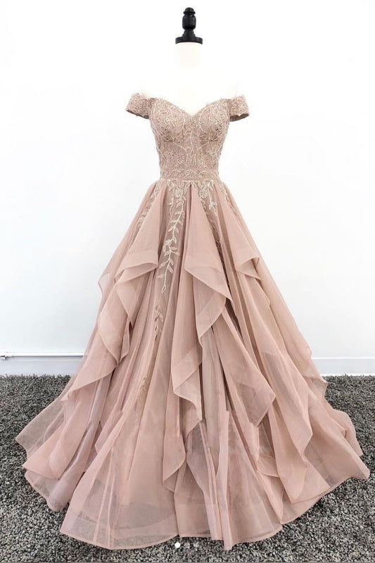 Elegant off shoulder lace long prom dress, lace evening dress