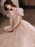 Flesh pink tulle long prom dress, tulle pink evening dress