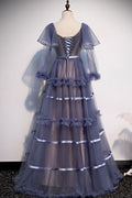 Unique round neck tulle long prom dress tulle evening dress