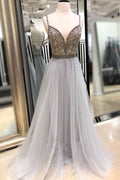 Gray tulle beads sequin long prom dress, gray tulle evening dress