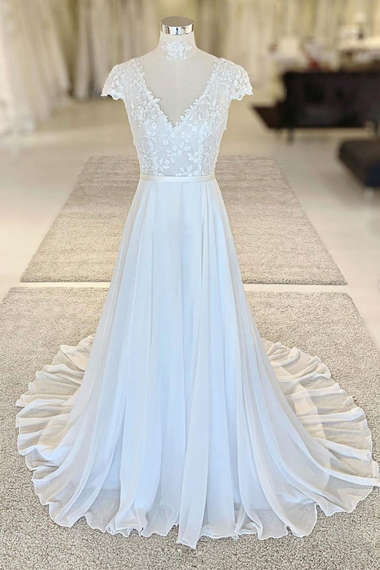 White v neck lace chiffon long prom dress, white evening dress