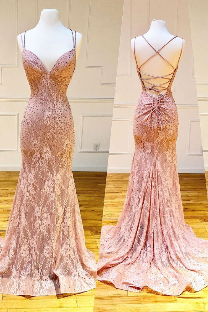 Pink v neck lace mermaid long prom dress pink evening dress