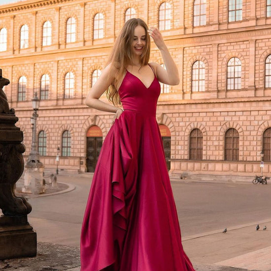 Simple v neck satin dark red long prom dress, red satin bridesmaid dre dresstby Simple v neck satin dark red long prom dress, red satin bridesmaid dre dresstby