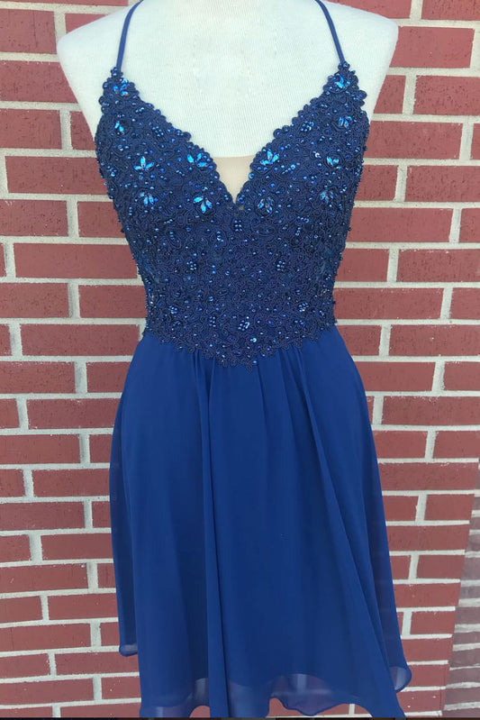 Blue v neck lace chiffon short prom dress, blue homecoming dress