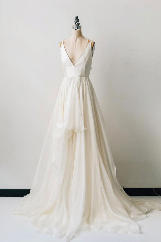 Simple v neck white chiffon long prom dress, white evening dress