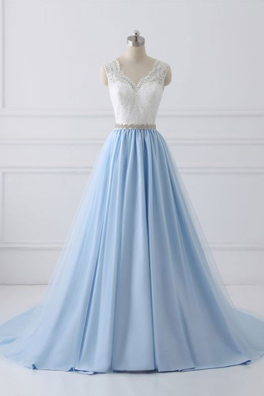 Blue lace tulle long prom dress, blue evening dress