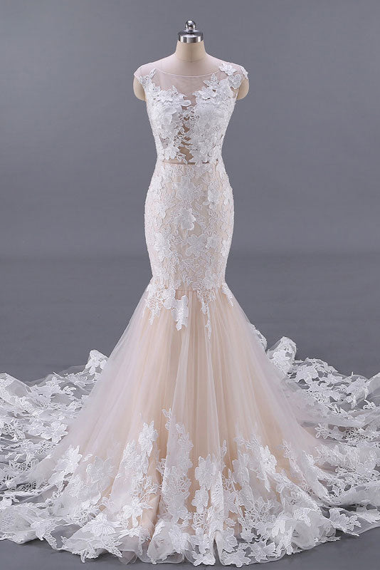 Unique  champagne tulle lace long prom dress, unique evening dress
