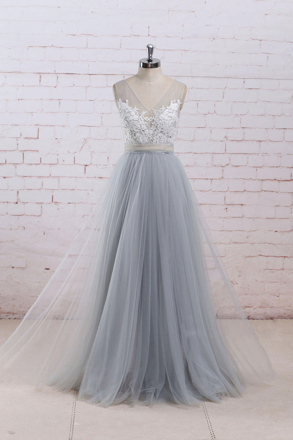 Gray A-line lace tulle long prom dress, gray tulle bridesmaid dress