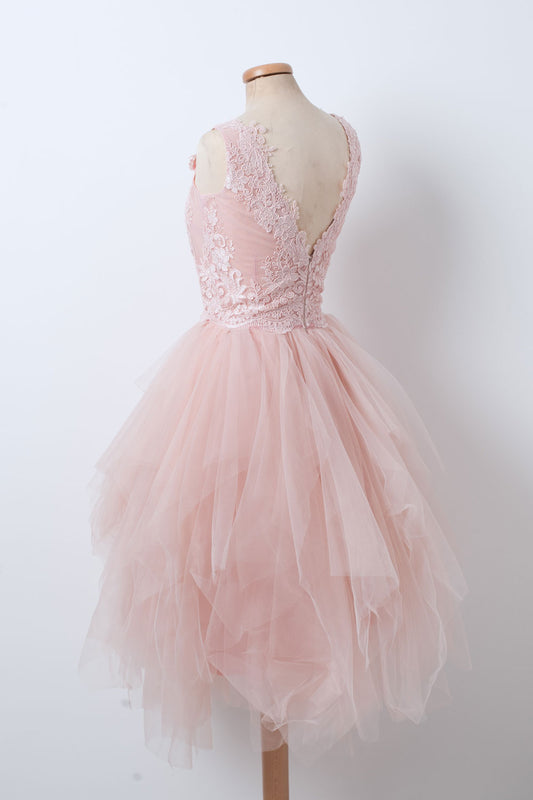 Pink v neck tulle lace short prom dress, pink homecoming dress