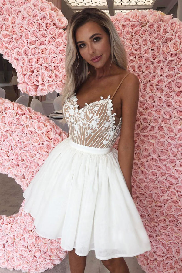 White sweetheart lace short prom dress, white homecoming dress
