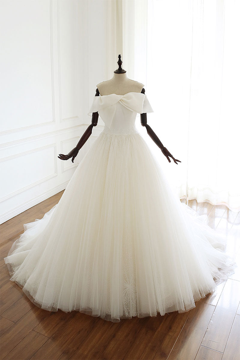White tulle long wedding gown, white tulle bridal dress
