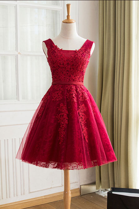Burgundy lace tulle short prom dress, burgundy homecoming dress