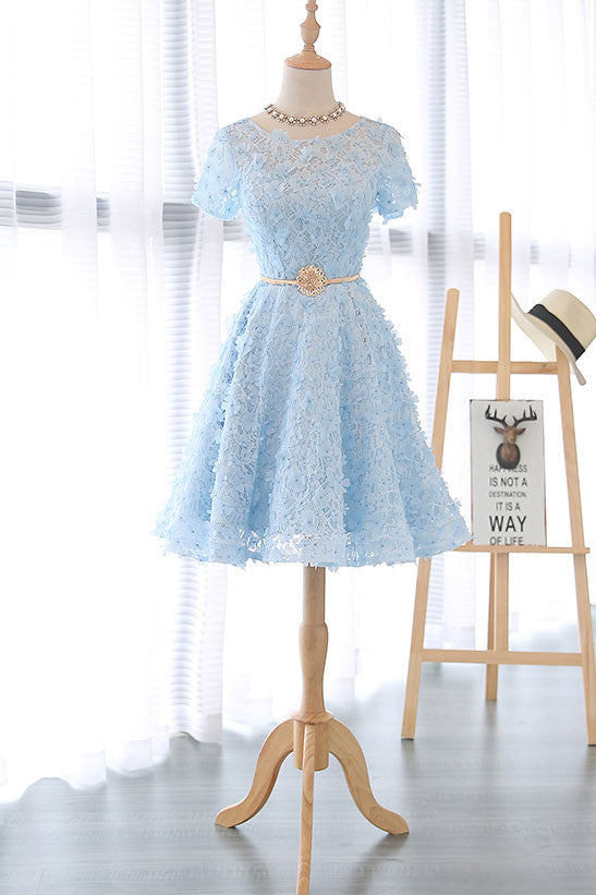 Cute 3D lace short blue prom dress, blue homecoming dress