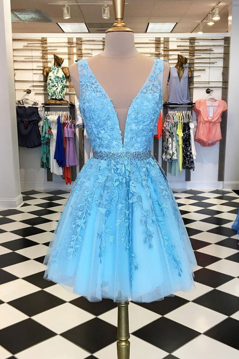 Blue v neck tulle lace applique short prom dress, blue homecoming dress