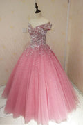 Pink sweetheart tulle sequin long prom dress, pink tulle evening dress