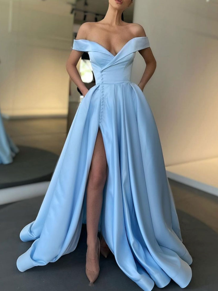 Simple blue off shoulder satin long prom dress, blue evening dress