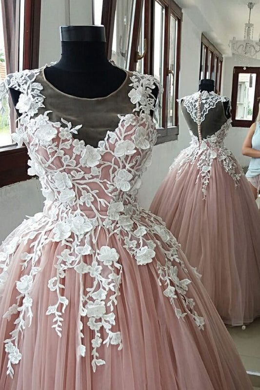 Pink round neck tulle lace applique long prom dress, pink evening dress