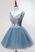 Blue tulle lace short prom dress, blue tulle lace homecoming dress