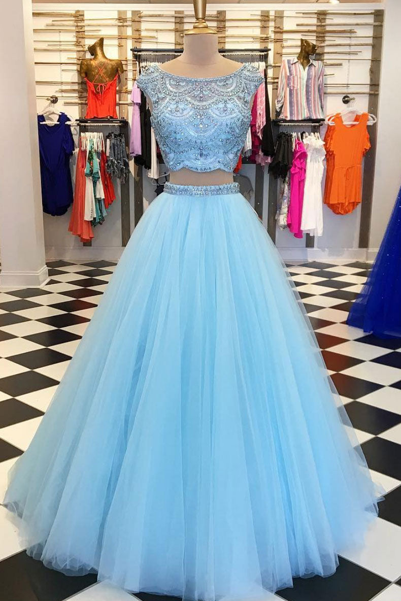 Blue round neck beads tulle long prom dress, blue evening dress
