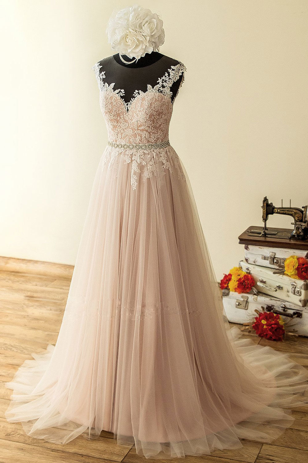 Pink round neck lace long prom dress, pink lace evening dress