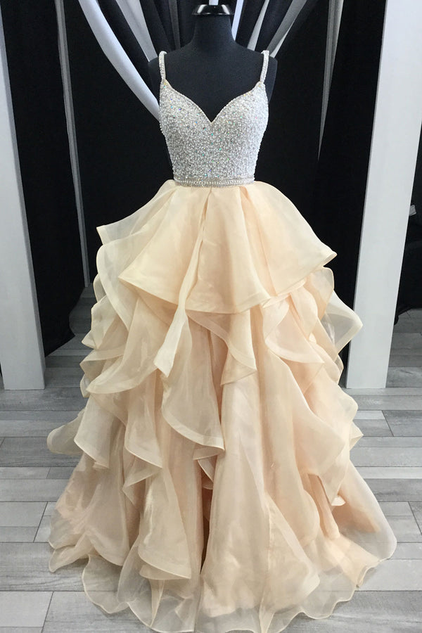 Champagne sweetheart beads tulle long prom dress, evening dress