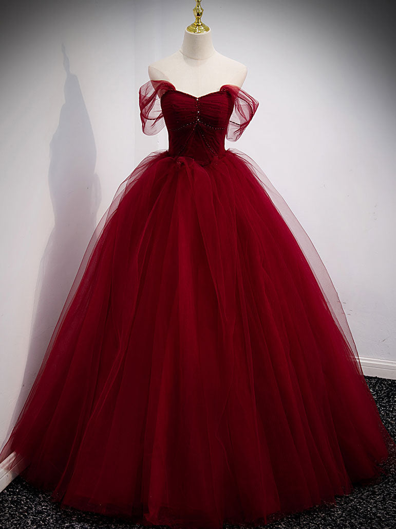 Simple burgundy tulle sequin long prom dress, burgundy evening dress