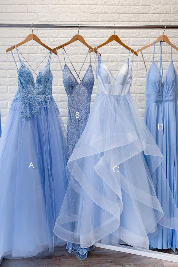 Blue lace tulle long prom dress blue formal dress