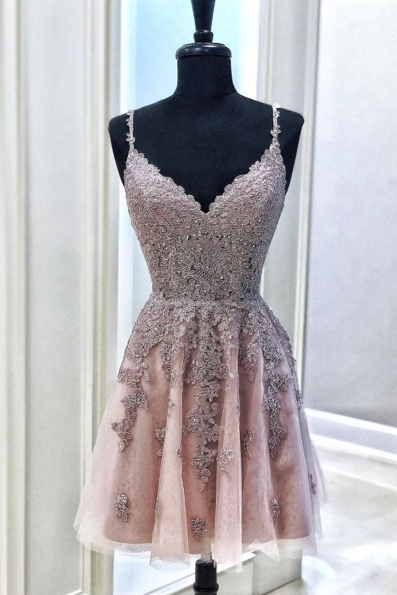 Cute tulle lace short prom dress, tulle lace homecoming dress