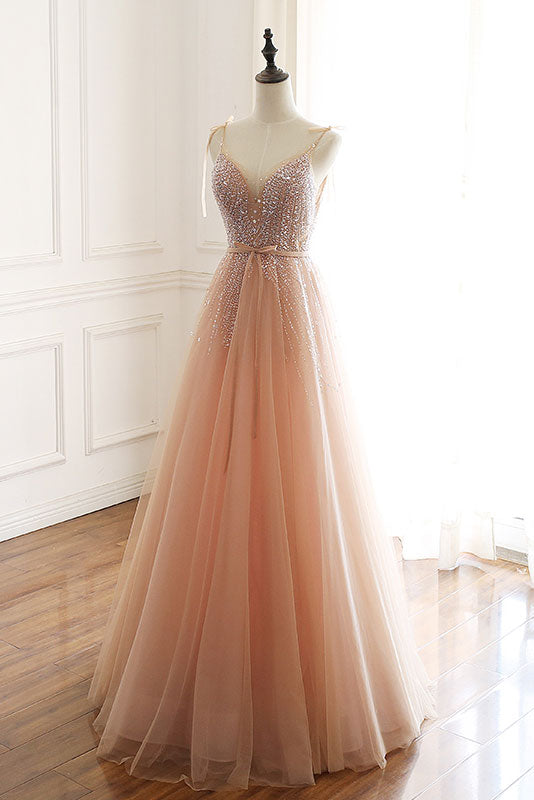 Champagne tulle beads sequin long prom dress, evening dress