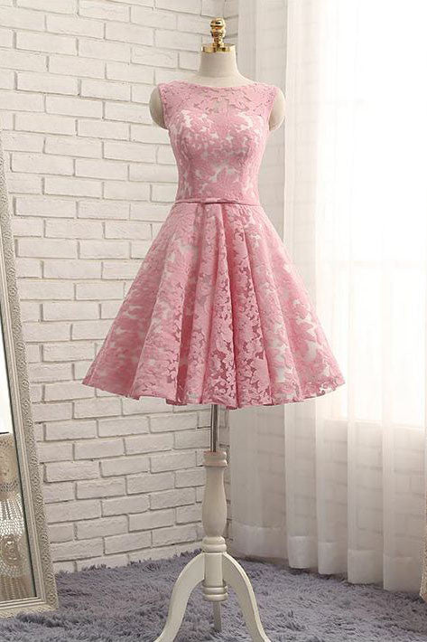 Cute pink round neck lace short prom dress, bridesmaid dress - us:2 / white Cute pink round neck lace short prom dress, bridesmaid dress - us:2 / white