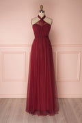 Burgundy tulle sweetheart long prom dress, burgundy evening dress