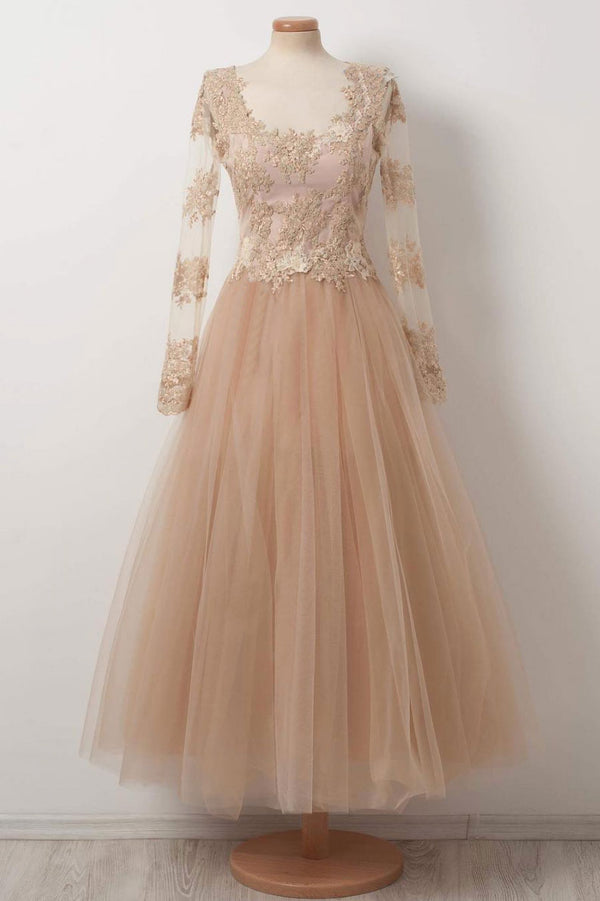 Champagne tulle lace tea Length prom dress, champagne evening dress