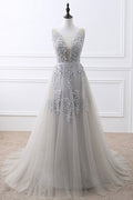 Gray v neck lace tulle long prom dress, gray tulle bridesmaid dress