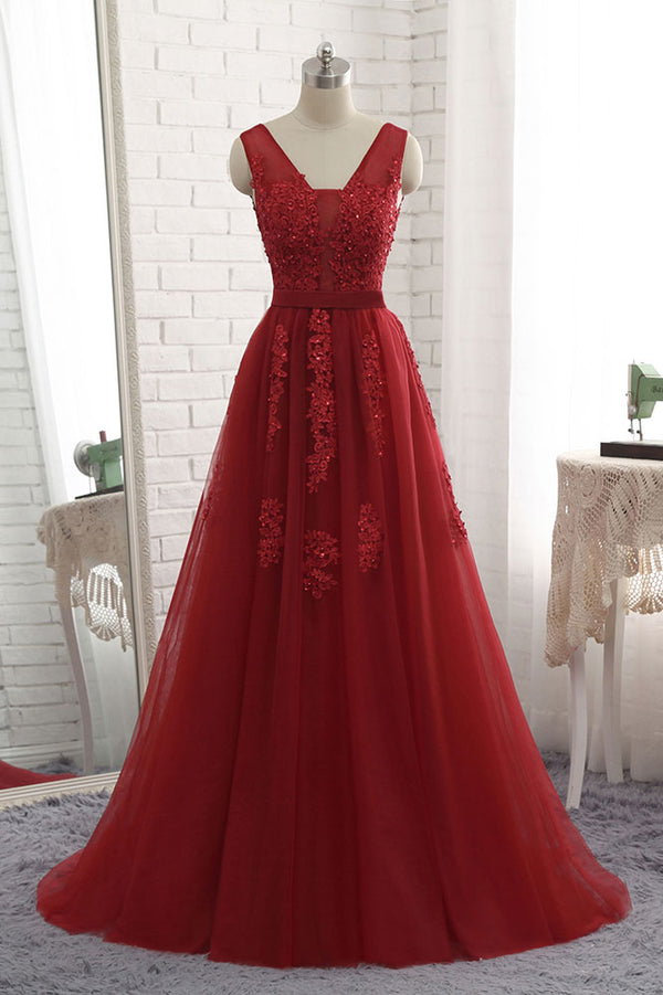 Burgundy v neck tulle lace applique long prom dress, burgundy bridesmaid dress
