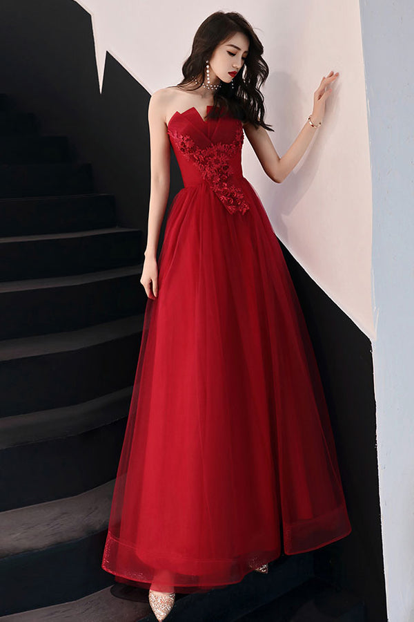 Burgundy tulle lace long prom dress burgundy evening dress
