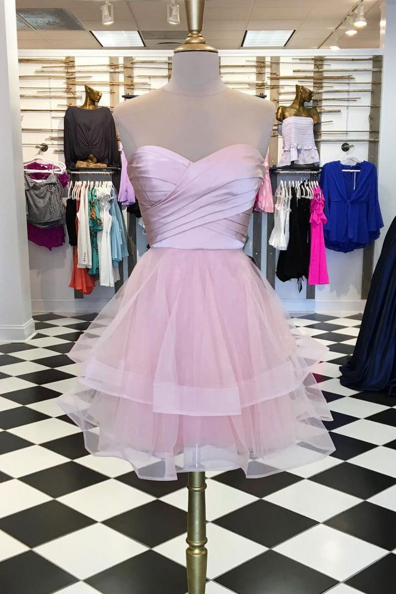 Pink cute tulle short prom dress, pink homecoming dress