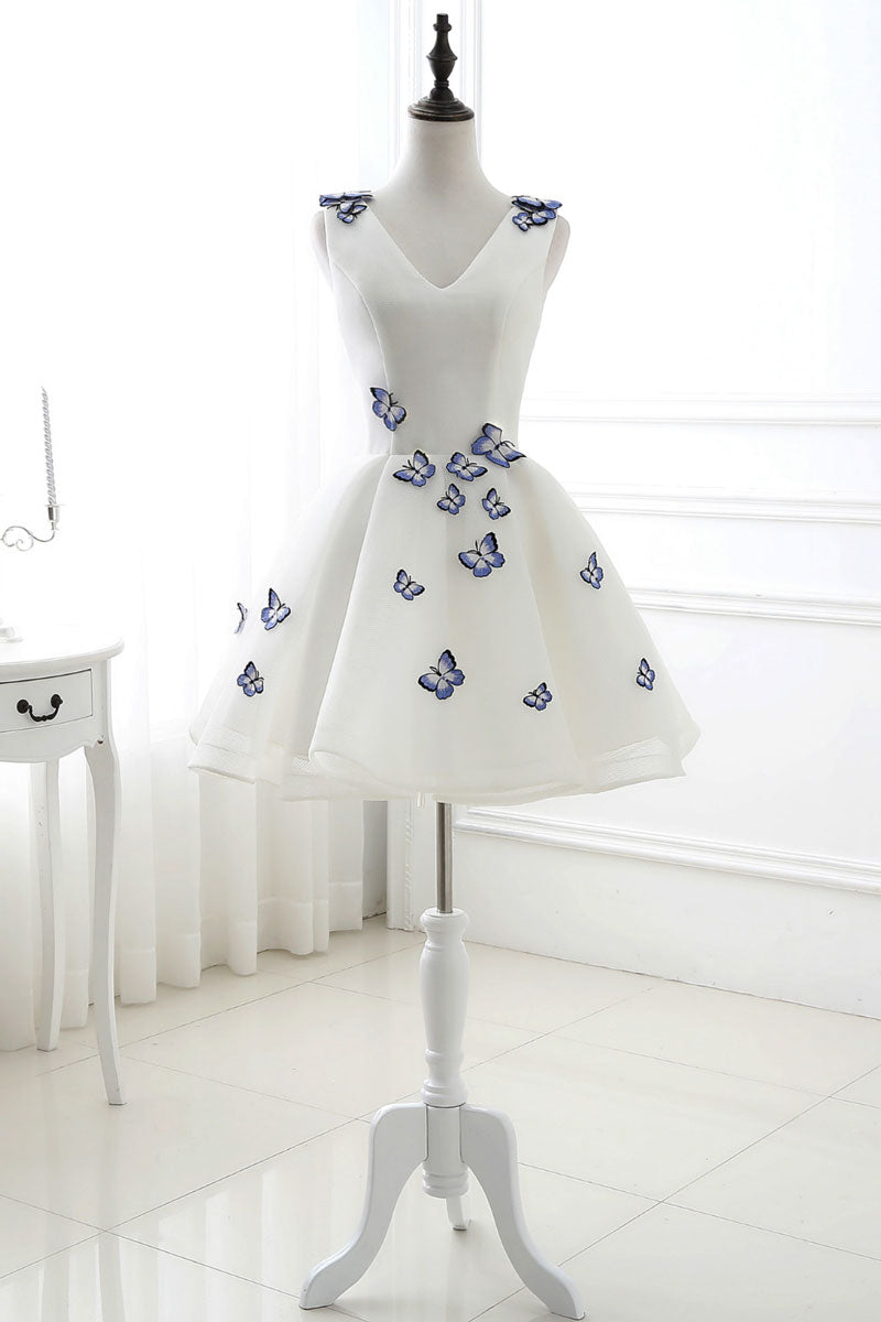 Cute white v neck short prom dress. white homecoming dress